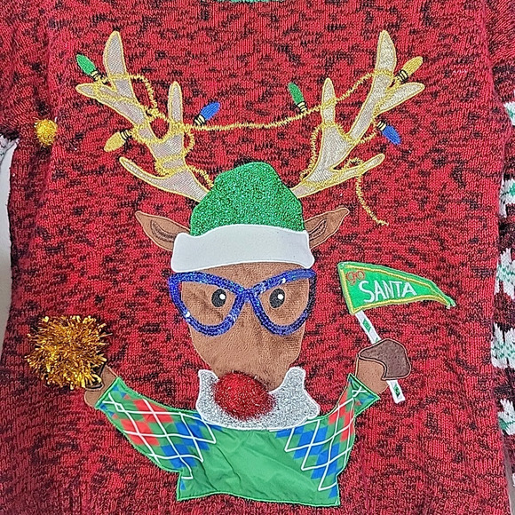 US Sweaters Ugly Christmas Sweater Reindeer Sequin Applique Red Holiday Women M - Picture 2 of 7
